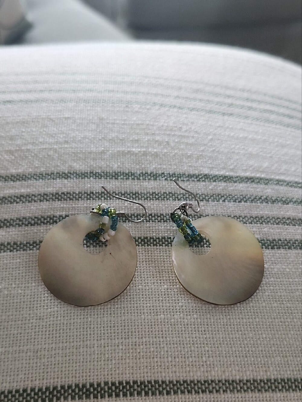 Abalone Shell Drop Earrings with Blue-Green Beaded Accents - Picture 2 of 2
